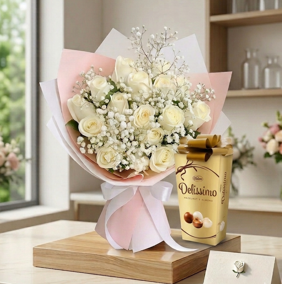 Sweetness & Purity Gift Set — Vobro Chocolate & White Roses