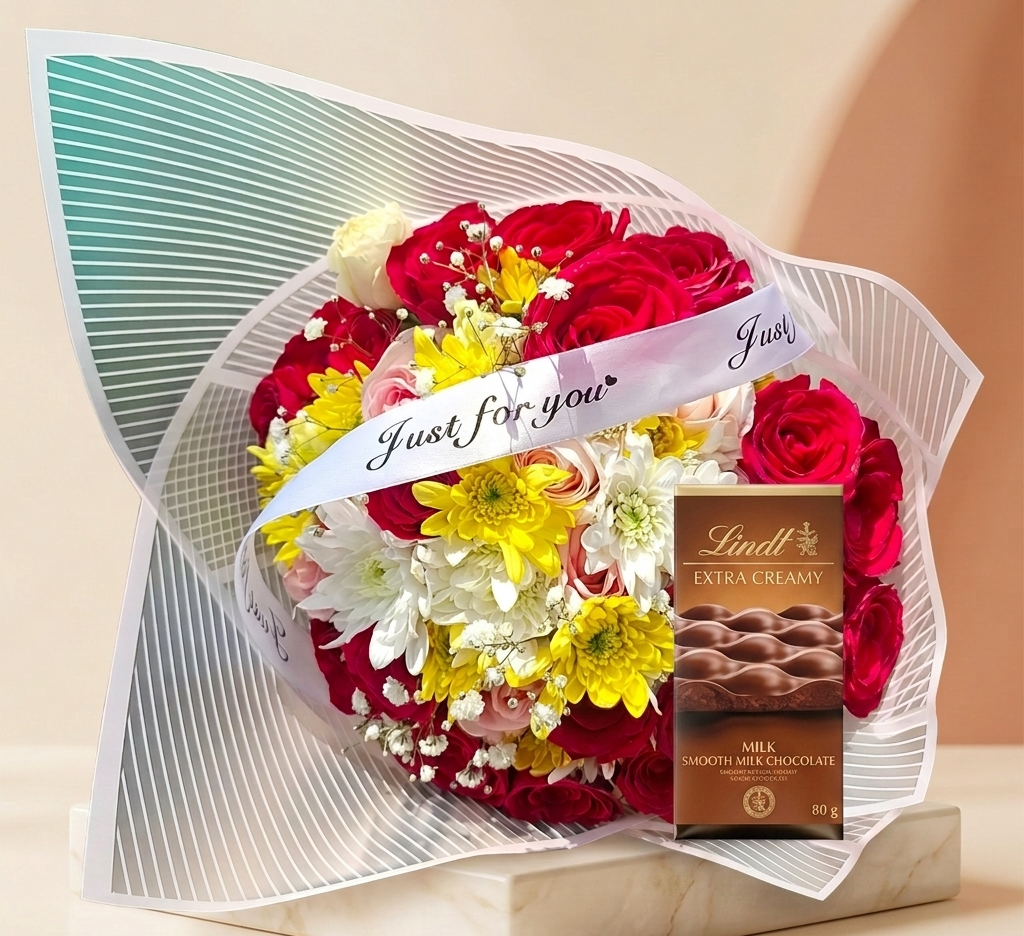 Silky Bliss Gift Set — Lindt Extra Creamy Milk Chocolate & Fresh Bouquet
