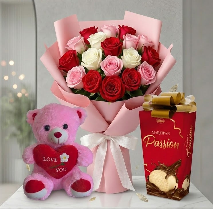 Marzipan Dreams — Vobro Chocolate, Bouquet & Teddy Bear Combo