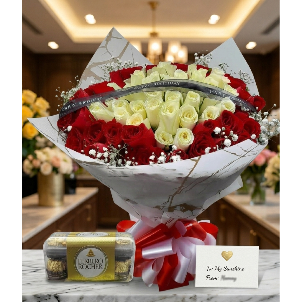 Red & White Roses with Chocolate Gift Set