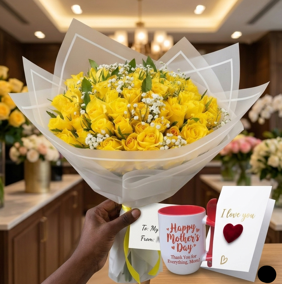 The Golden Bloom Box — Yellow Roses Bouquet, Custom Mug & Card