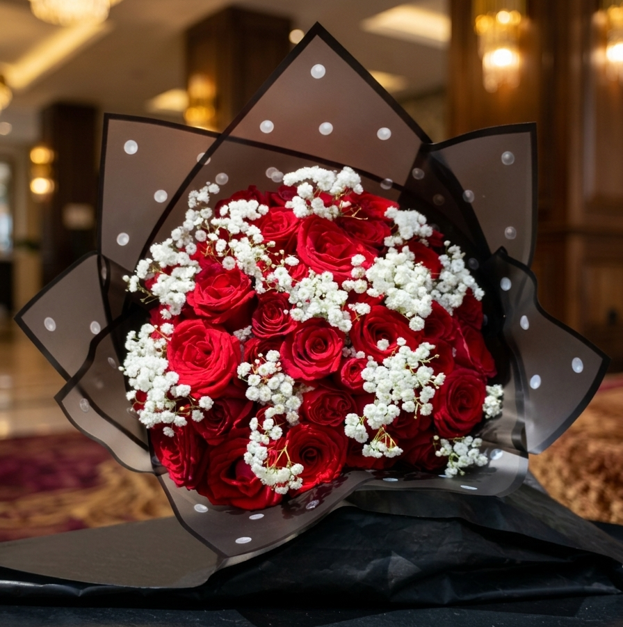 Red Roses & Baby's Breath Bouquet