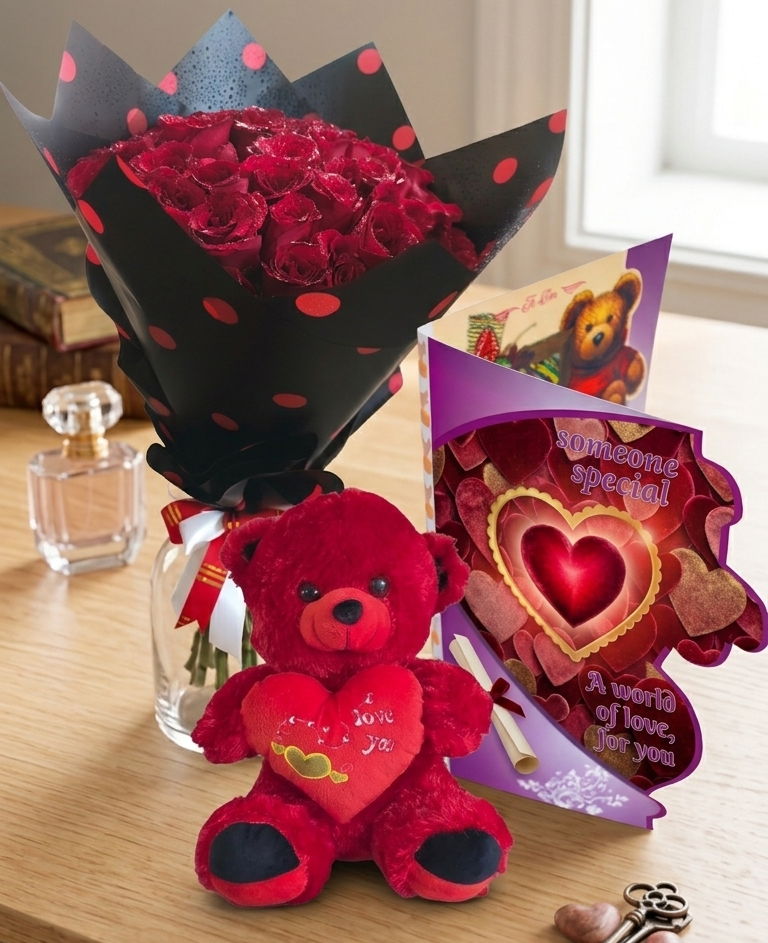 The Red Romance Box — Roses, Teddy Bear & Personalised Card