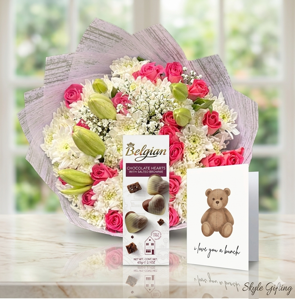 Petal & Praline — Belgian Brownie Chocolate, Roses & Lilies Bouquet with Card