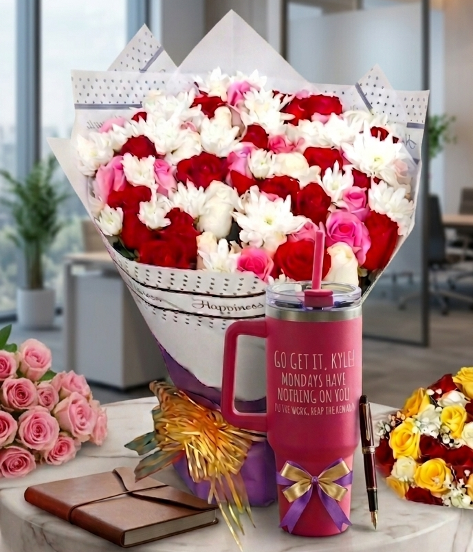 Bloom & Brew Gift Set — Fresh Flower Bouquet & Thermal Tumbler