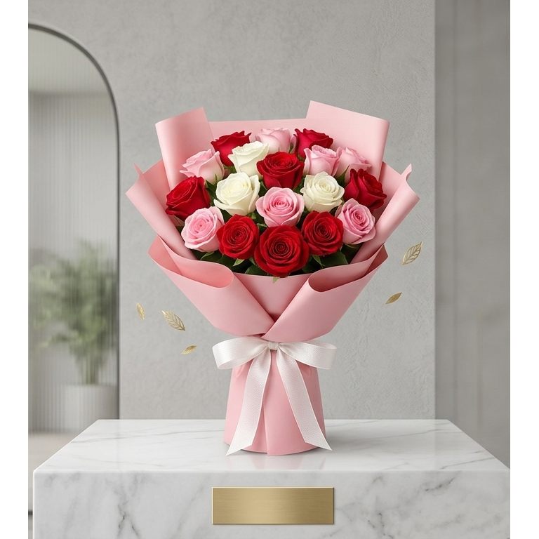 Tricolour Roses Bouquet — White, Pink & Red