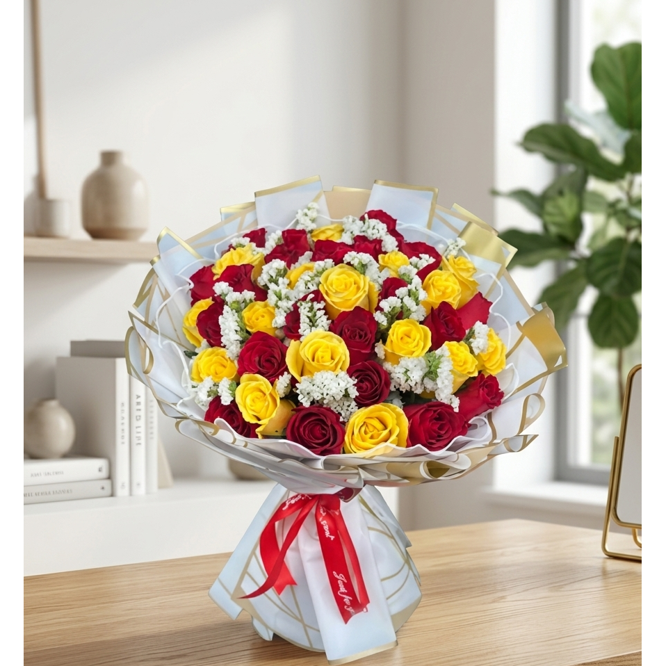 Happy Yellow & Red Roses Bouquet